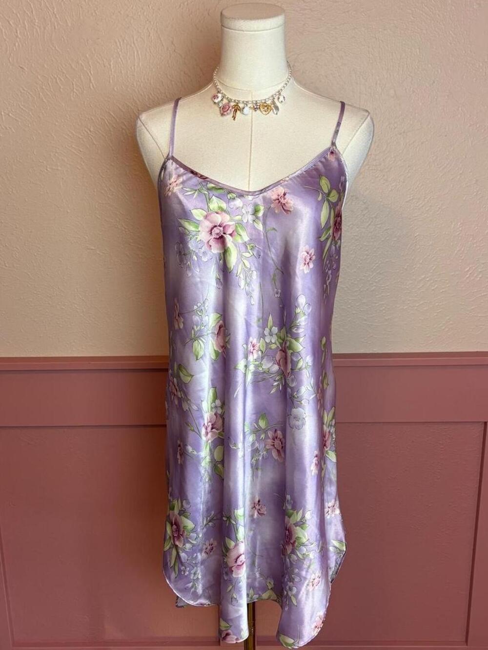 vintage satin floral mini slip dress  dentelle purple lilac sz large fairy